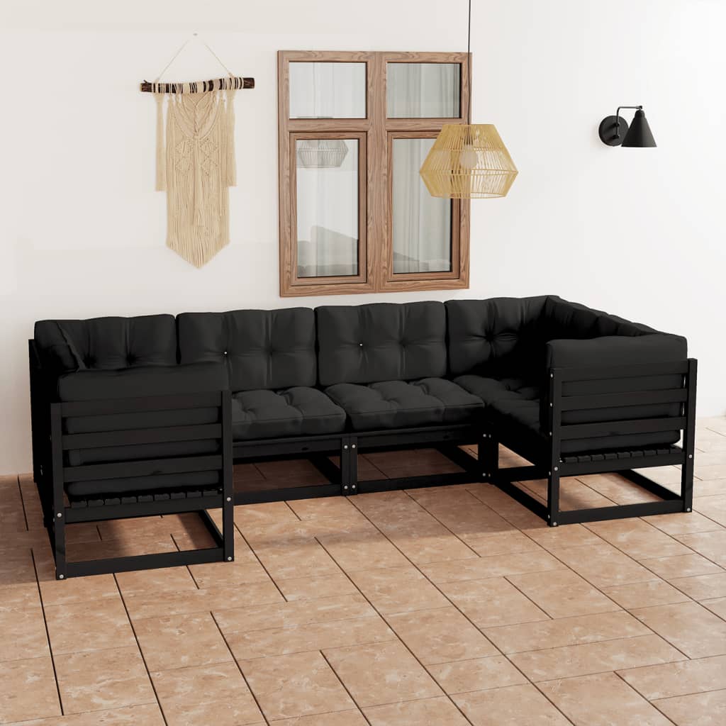 6-tlg. Garten-Lounge-Set mit Kissen Schwarz Kiefer Massivholz